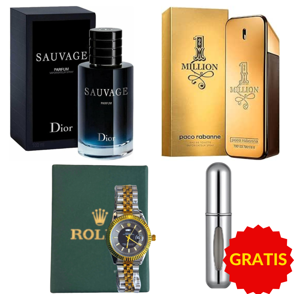 👑 Kit Imperio del Lujo - Sauvage + One Million + Reloj de Lujo y 🎁Regalo Exclusivo: Atomizador de Perfume