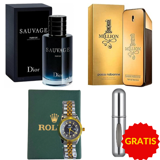 👑 Kit Imperio del Lujo - Sauvage + One Million + Reloj de Lujo y 🎁Regalo Exclusivo: Atomizador de Perfume